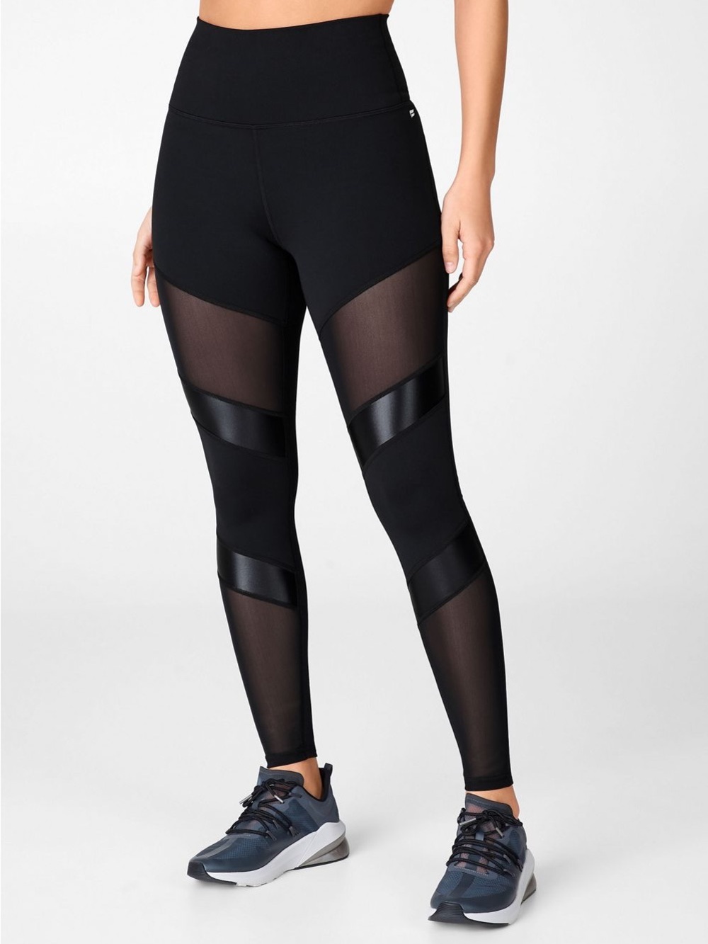 Fabletics PowerHold Black Mesh Faux Leather Panel Leggings Size S
